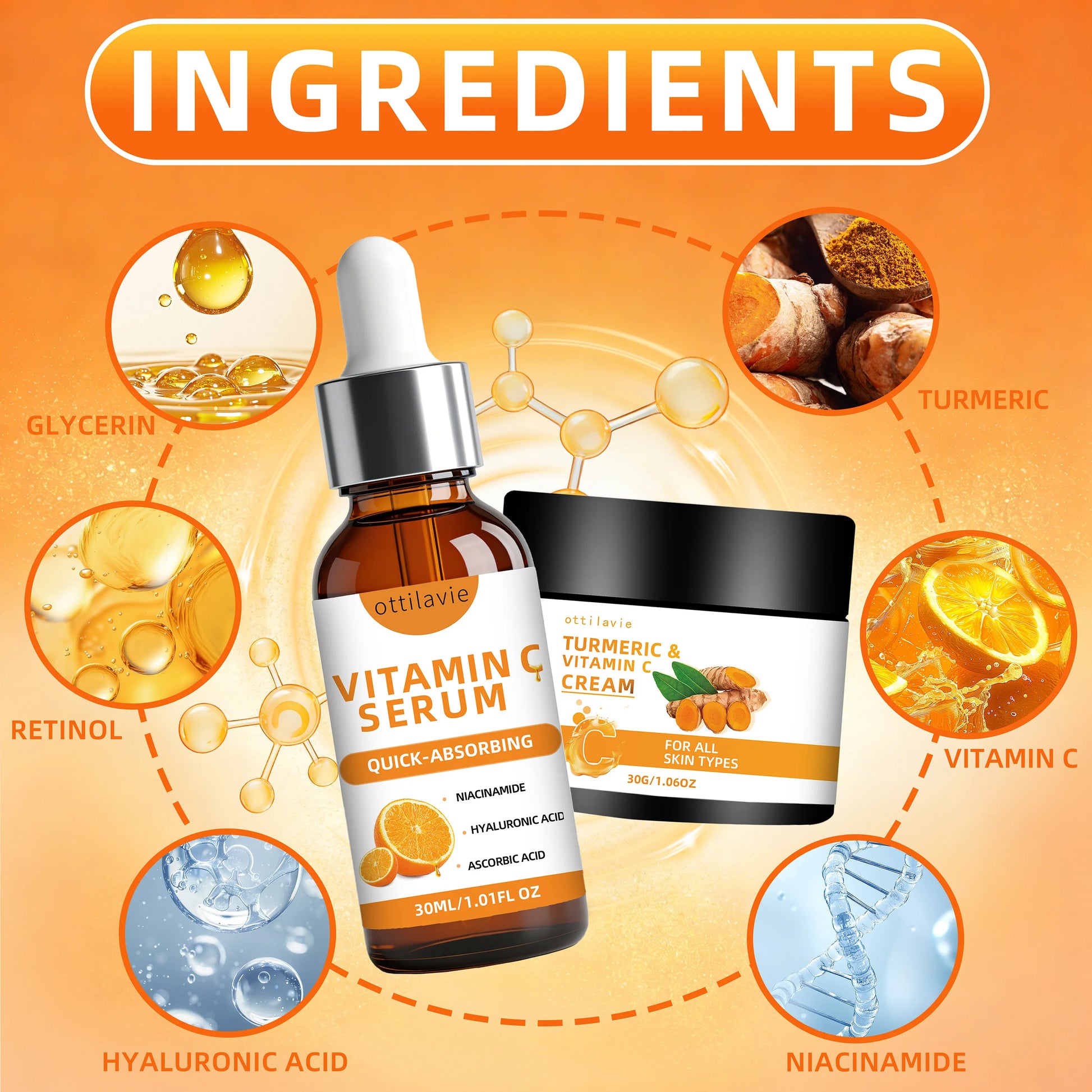 Ottilavie Turmeric & VC Cream+Serum Skincare Duo Set, ace/Neck/Body,Unisex,All Skin Types, Lightweight Daily,Non-greasy Peaceful Pleasures Health and Wellness