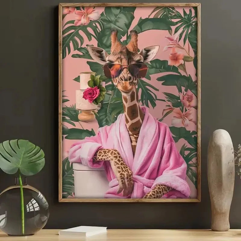 Funny Animal Bathroom Canvas Wall Art | Zebra Giraffe Tiger