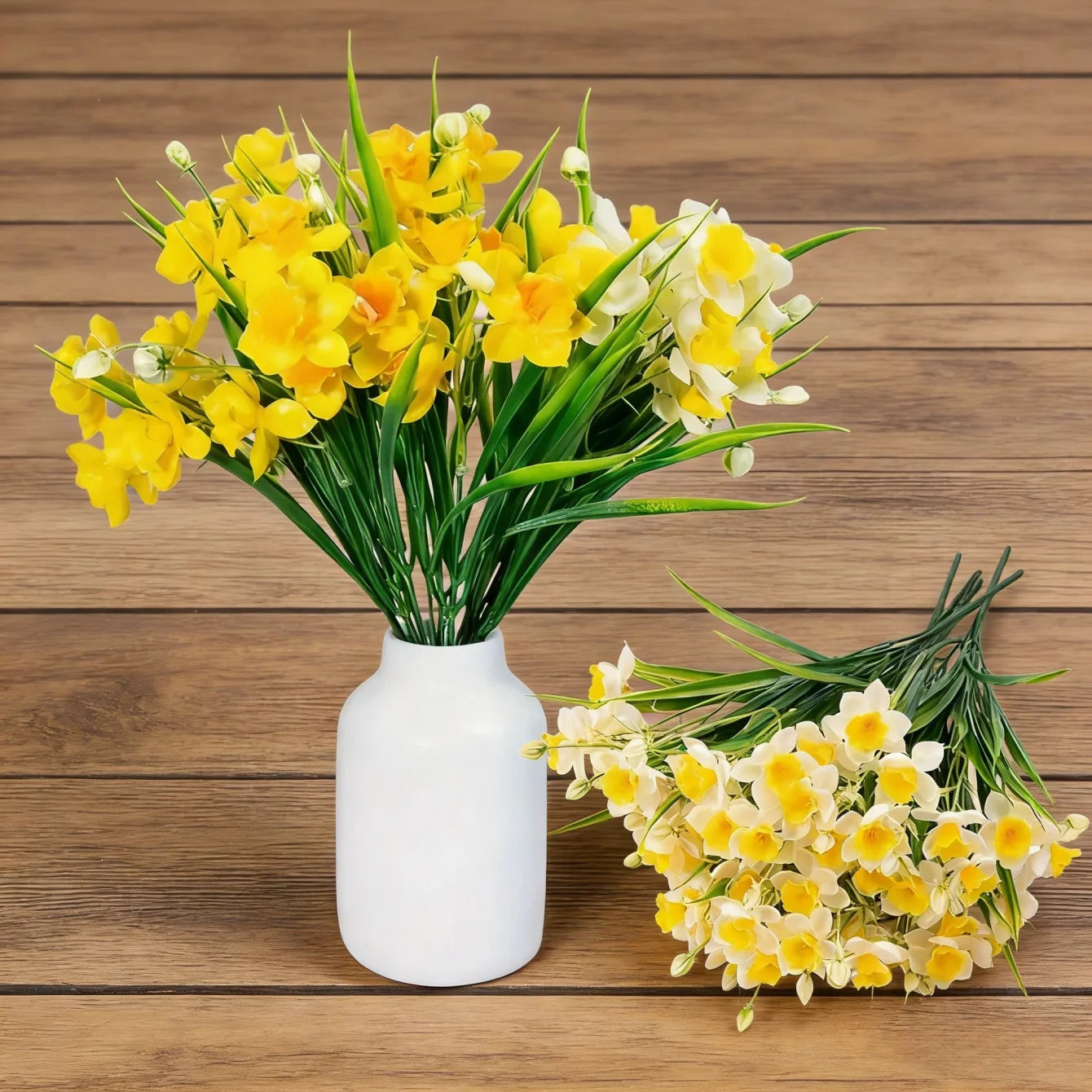 White Yellow Faux Daffodil Bouquet – Artificial Narcissus Flowers