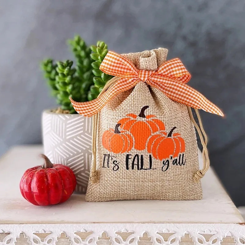 5-Pack Mini Pumpkin Burlap Drawstring Bags | Halloween Decor