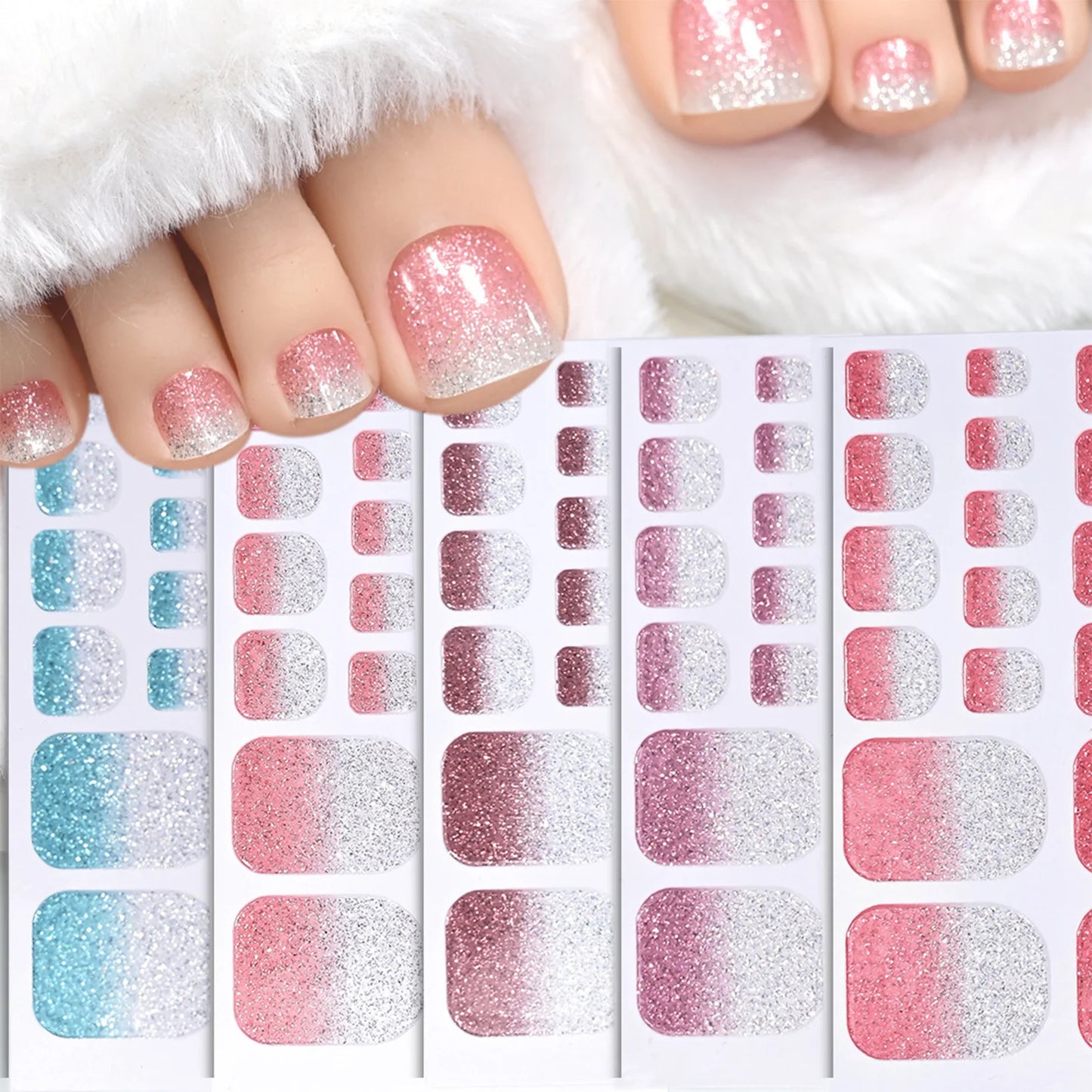 Gradient Glitter Toe Nail Stickers – Full Cover DIY Nail Art