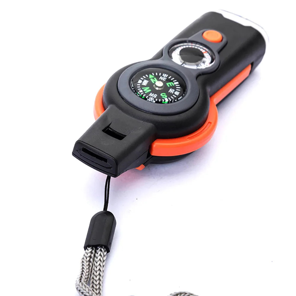 Outdoor 7-in-1 Multifunctional Whistle Survival Whistle with LED Light Thermometer Compass Reflector Magnifier Whistle Peaceful Pleasures Health and Wellness 1 pc