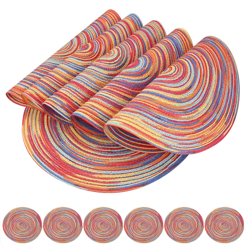 Round Braided Set of 6 Washable Round Placemats for Christmas Kitchen Wedding Dining Table 34cm Woven Heat Resistant Place Mats Peaceful Pleasures Health and Wellness Rainbow red 3 sets Round