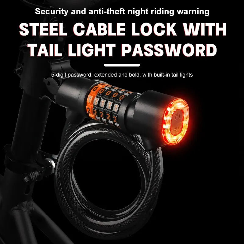 Bike Lock with Tail Light – 5-Digit Steel Cable Combo Lock