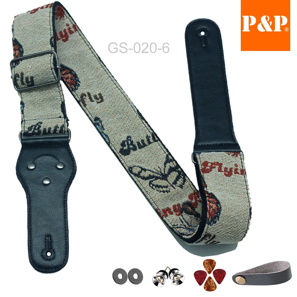 P&p Boho Embroidered Guitar Strap Cotton Adjustable Acoustic Electric