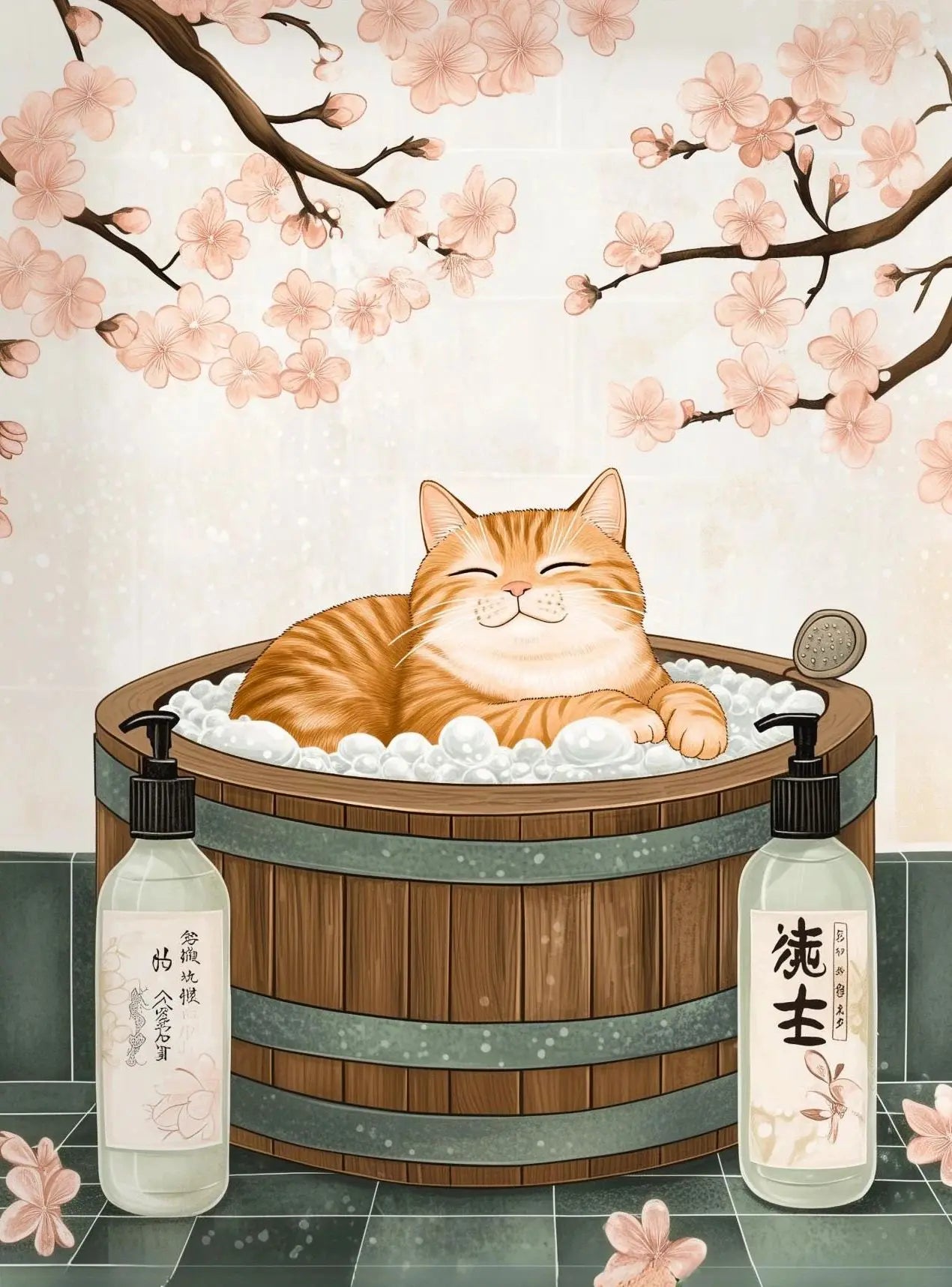 Japanese Cherry Blossom Cat Hot Spring Canvas Wall Art Print Canvas Wall Art Print Peaceful Pleasures Health and Wellness 16 50x70cm Unframed