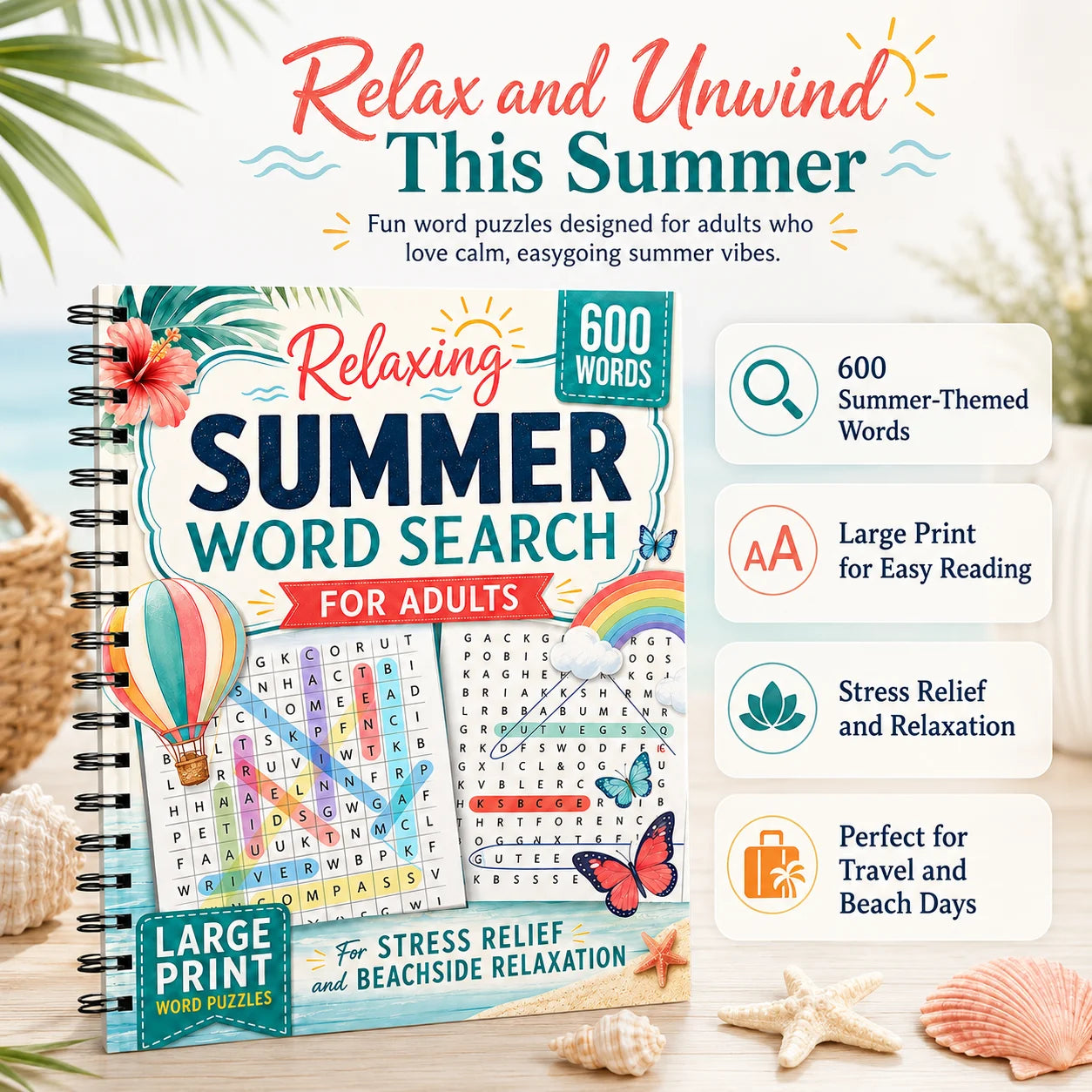 Summer Word Search Adults Large Print 600 Words Relaxing Puzzle Book