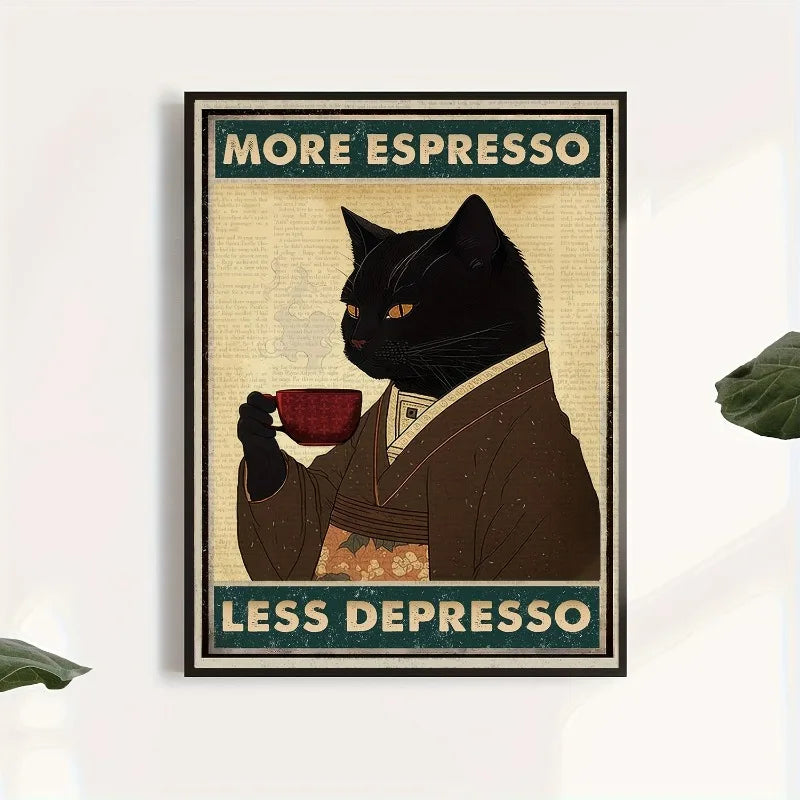 1pc Unframed Vintage Black Cat Espresso Print Canvas Poster, Canvas Wall Art, Artwork Wall Painting Home and Dormitory Decor Peaceful Pleasures Health and Wellness