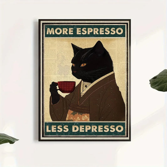 1pc Unframed Vintage Black Cat Espresso Print Canvas Poster, Canvas Wall Art, Artwork Wall Painting Home and Dormitory Decor Peaceful Pleasures Health and Wellness
