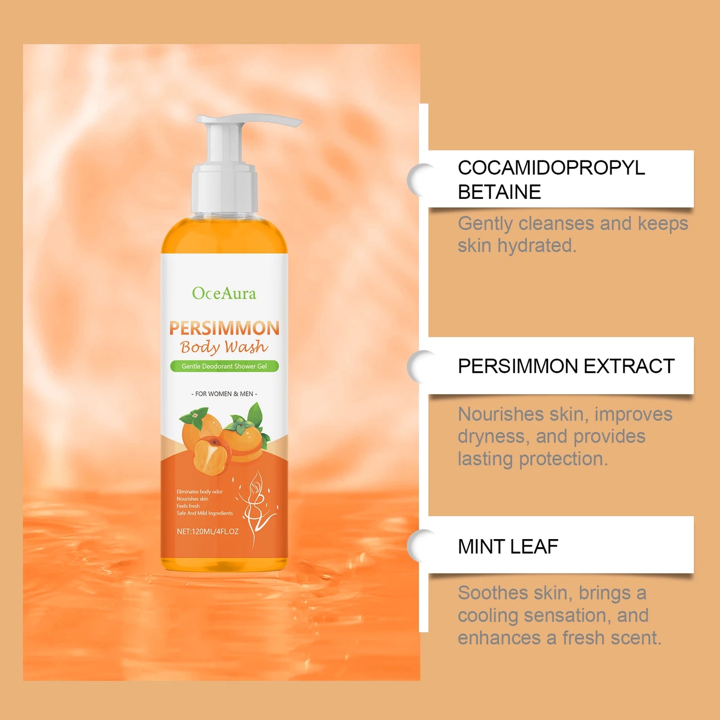 OceAura Persimmon Body Wash – Odor Control & Moisturizing Shower Gel