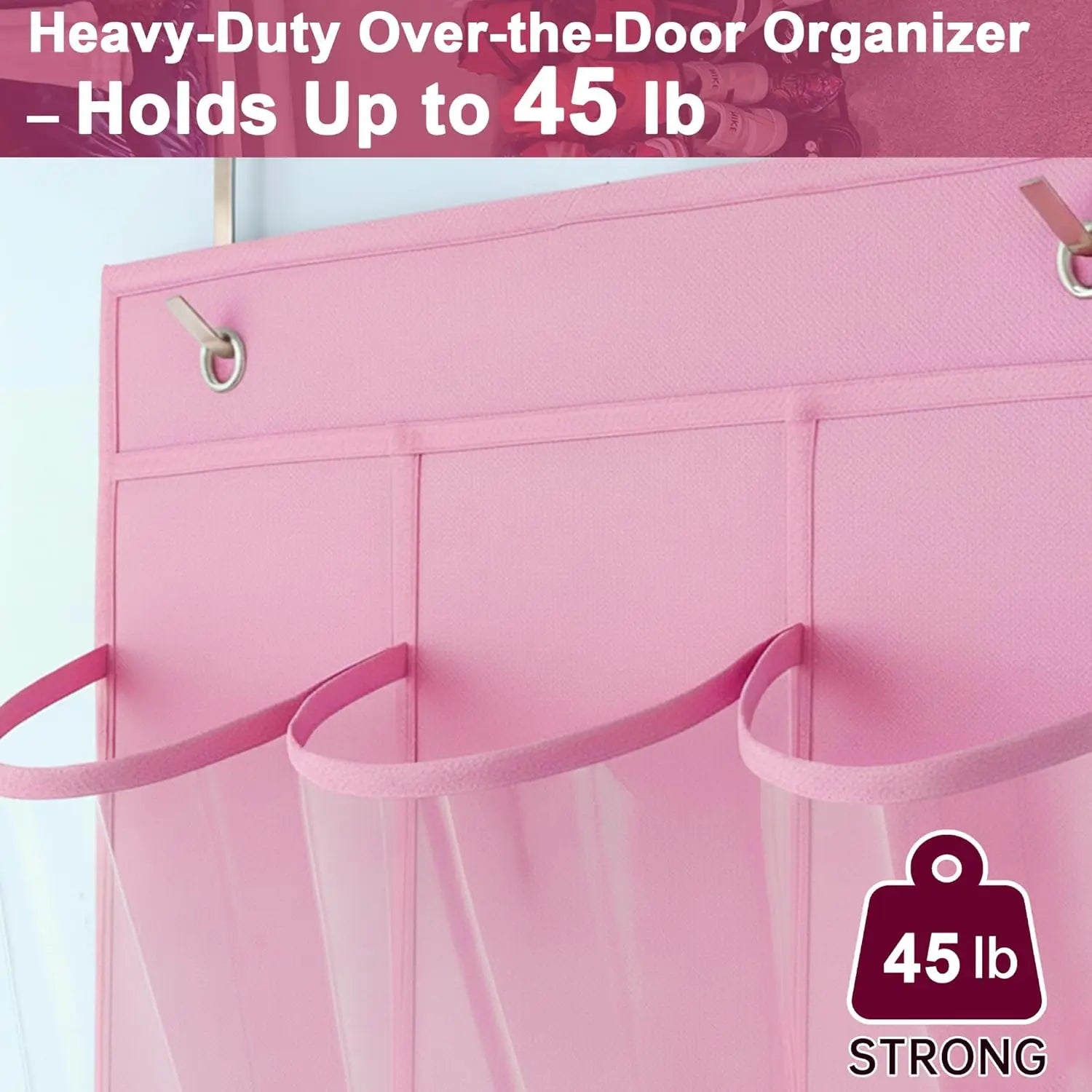 Pink over-the-door organizer with text indicating weight capacity on a light blue background
