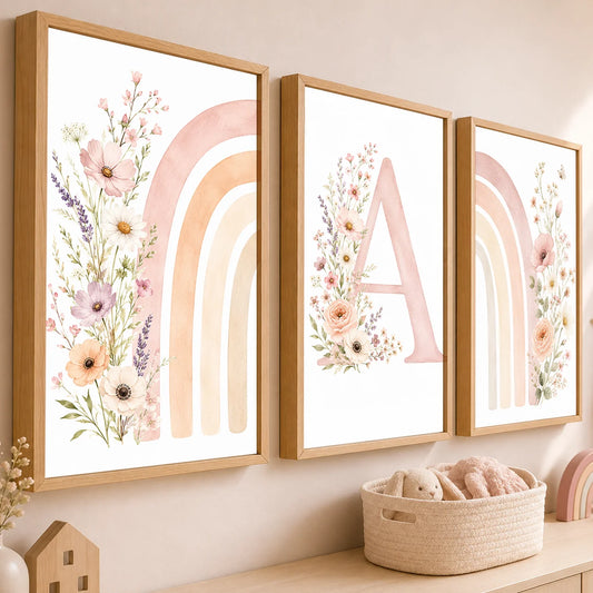 Custom Alphabet Wall Art Floral Rainbow Letter Canvas Painting Pink Poster Print Kids Room Wall Decor Peaceful Pleasures Health and Wellness