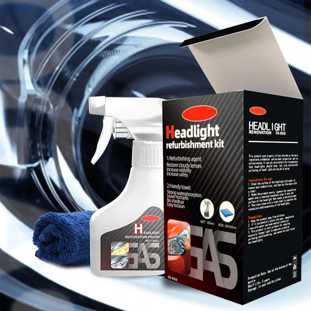 Car headlight refurbishing repair solution Refurbishes Yellowed Headlights Yellowing-free, non-abrasive, atomized cleaning agent Peaceful Pleasures Health and Wellness