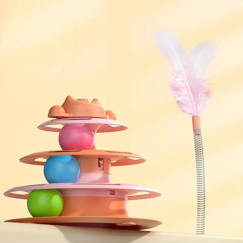 4-Layer Feather Cat Turntable – Interactive Toy Ball & Stick