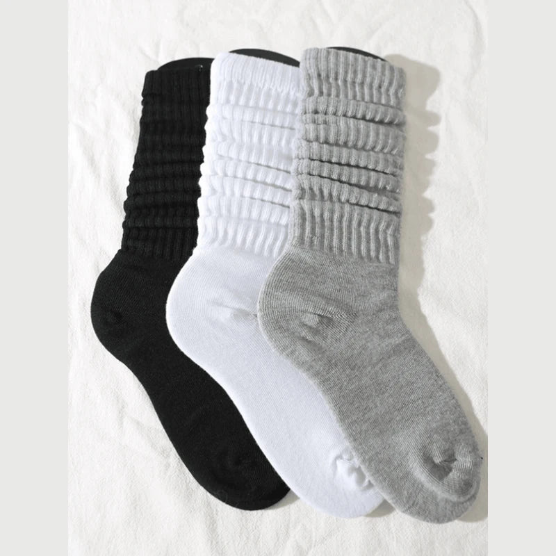 3 Pairs Women Pile Up Socks Fashionable Trendy Versatile White Solid Color Basic Socks Comfortable Breathable Mid Length Socks Peaceful Pleasures Health and Wellness