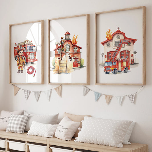 3-Piece Cartoon Firefighter Canvas Wall Art Print Set Canvas Wall Art Set Peaceful Pleasures Health and Wellness GP103-3pcs 21x30cm Unframed