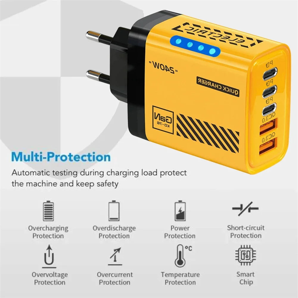 240W GaN 5-Port USB-C PD Fast Charger Desktop Adapter