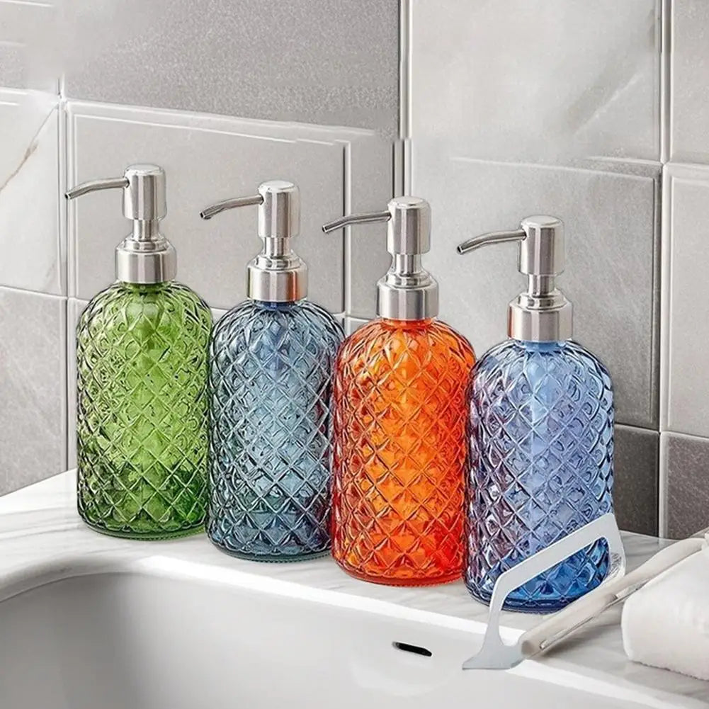 480ml Glass Soap Dispenser – Gem Pattern, Rust-Proof Pump Peaceful Pleasures Health and Wellness
