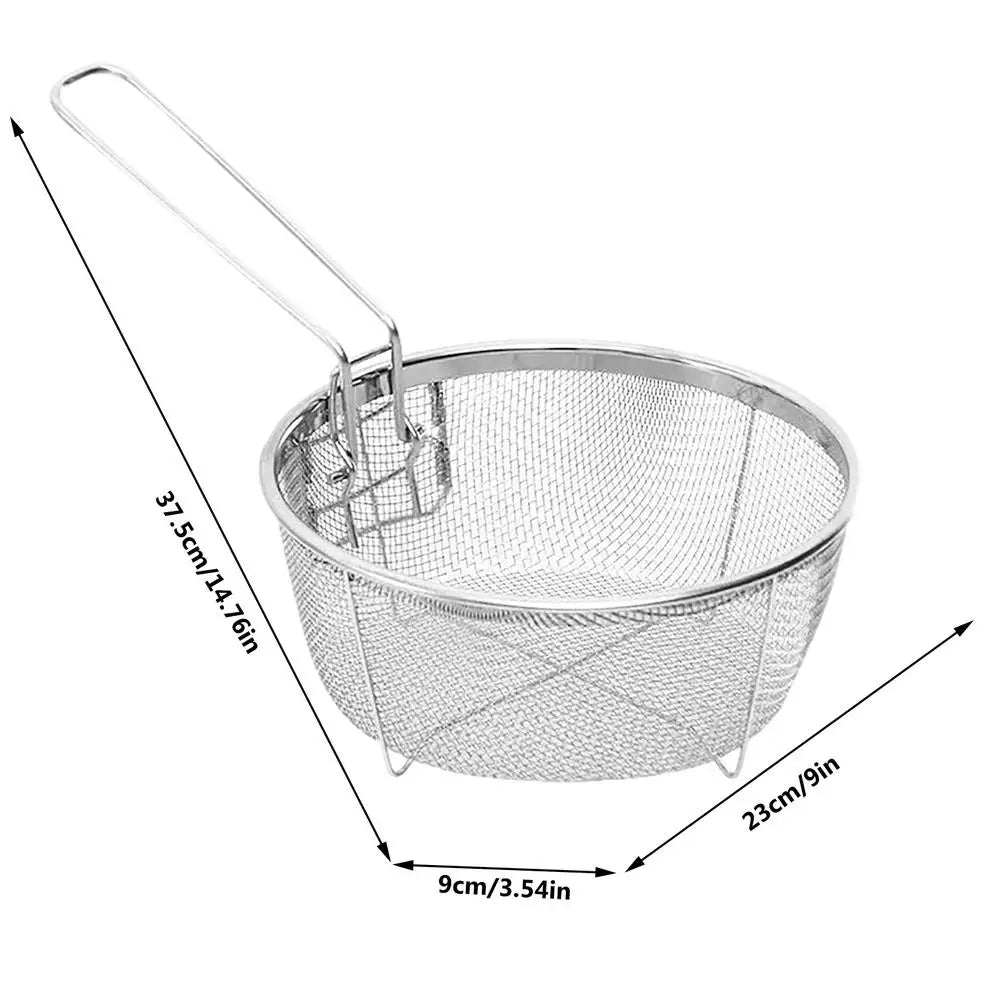 Stainless Steel Deep Fry Basket Round Wire Presentation With Detachable Handle Stainless Steel Drain Basket Fryer Skimmer Peaceful Pleasures Health and Wellness 23x23cm