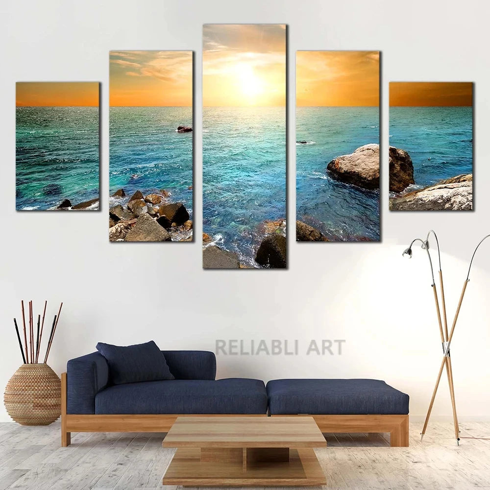 5pcs Cleopatra Ocean Canvas Painting Wall Art Orange Sky Ocean Beach Multi Turkey Sand Beach Sunrise Wall Decor No Frame Peaceful Pleasures Health and Wellness 5pcs 7 20x35-20x45-20x55cm