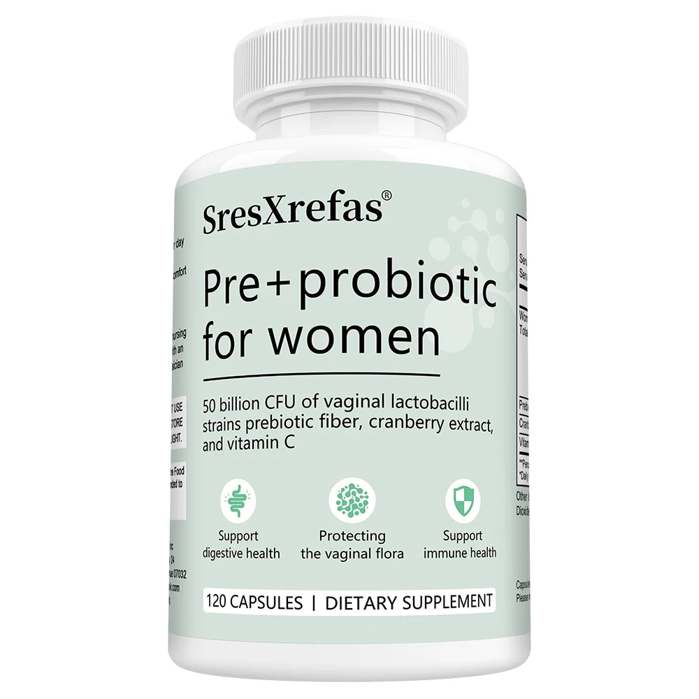 Pre+probiotic Capsules for Women, with Vitamin C, Cranberry Extract, Support Digestive Health, Protecting The Vaginal Flora Peaceful Pleasures Health and Wellness 120 count-1 bottle