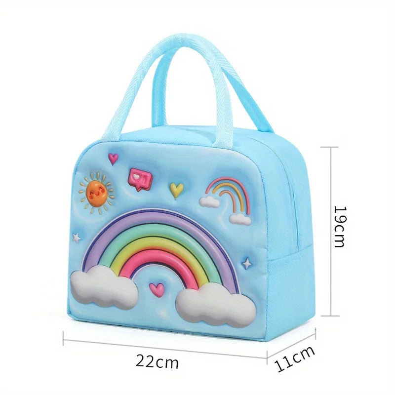 [Cute Cartoon Lunch Bag] 1pc Cute Cartoon Thermal Lunch Bag - Non-Woven Rectangle Bento Box Tote with Thick Aluminum Foil Peaceful Pleasures Health and Wellness Blue Rainbow
