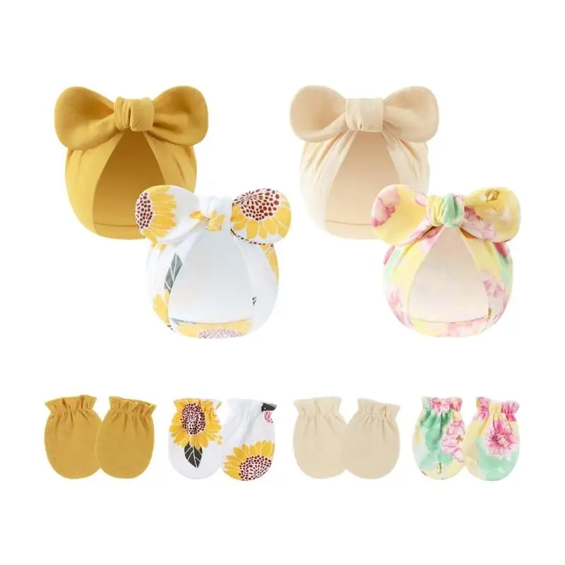 Baby Cotton Bonnet Hat & Scratch Mittens 4-Set | 0–6 Months Baby Hat & Mittens Set Peaceful Pleasures Health and Wellness SETD China Mainland