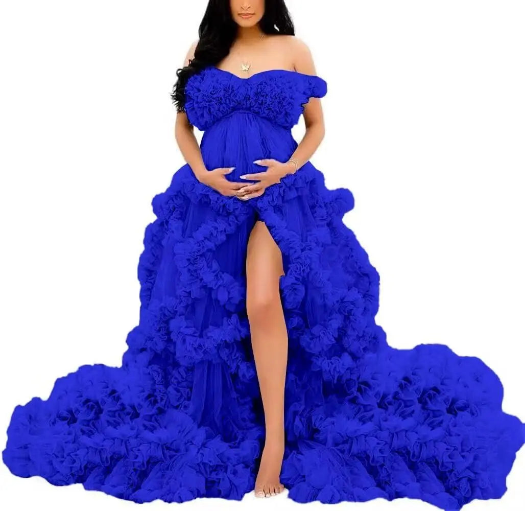 Photoshoot & Baby Shower Tulle Maternity Dress - Off Shoulder, Puffy Ruffles, Elegant Long Robe for Pregnancy Peaceful Pleasures Health and Wellness Royal Blue US 2