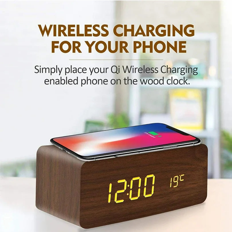 Wooden Digital Alarm Clock with Wireless Charging LED Clock with Time Date Temperature Desk Clocks for Office Bedside Clock Peaceful Pleasures Health and Wellness