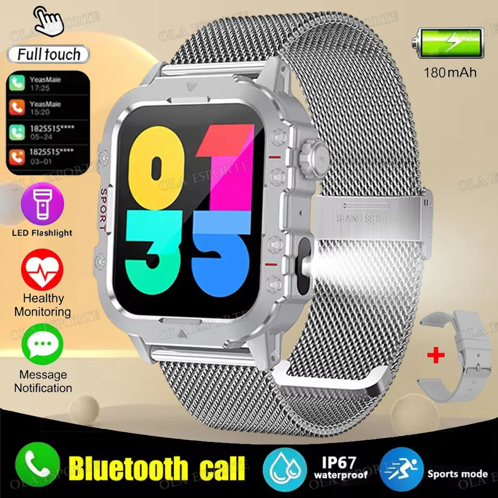 Military-Style Smart Watch | Bluetooth Call, Heart Rate, Flashlight