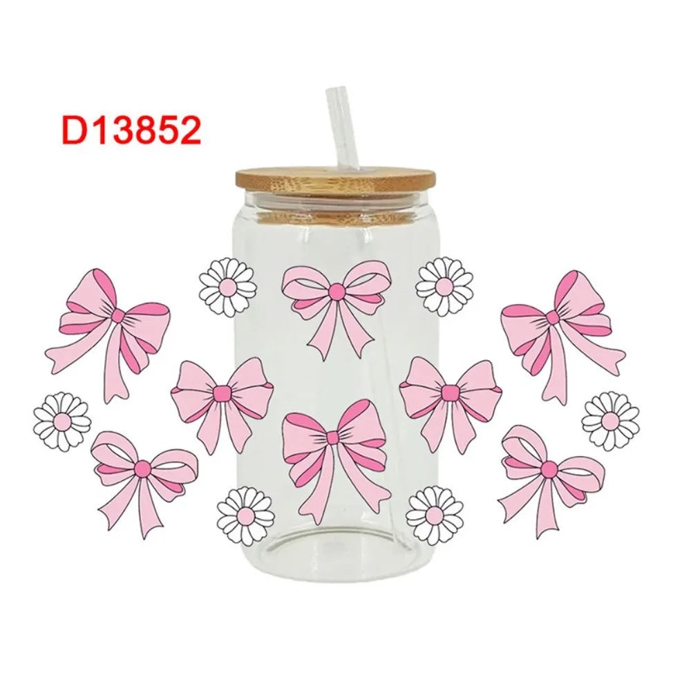 New Waterproof UV DTF Transfer Sticker Clear Smooth Pink Bow Decals Water Bottles Sticker For 16Oz Glass Cup Peaceful Pleasures Health and Wellness 4