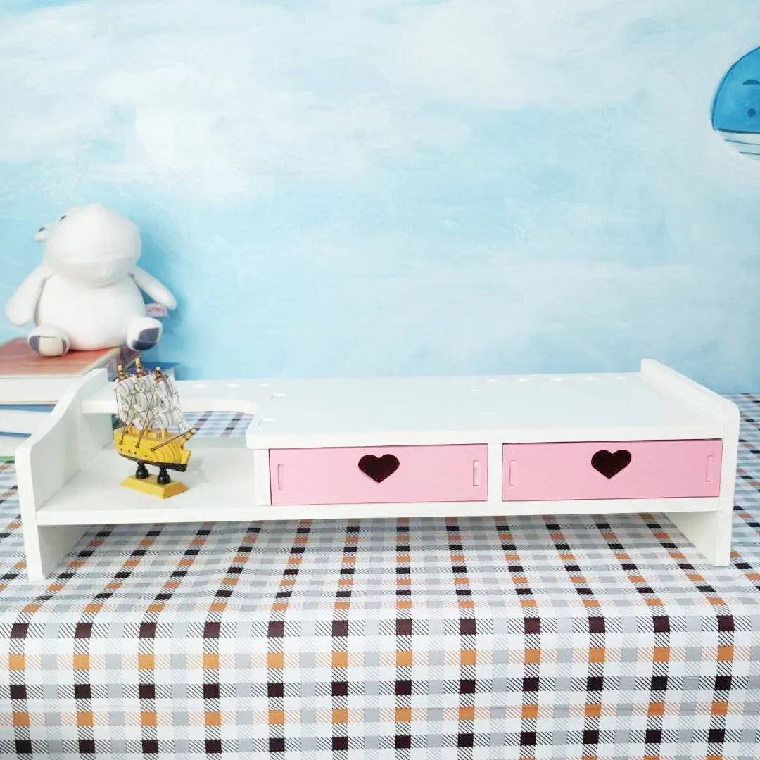 Monitor Stand with Drawer & Desk Storage Rack | White & Pink