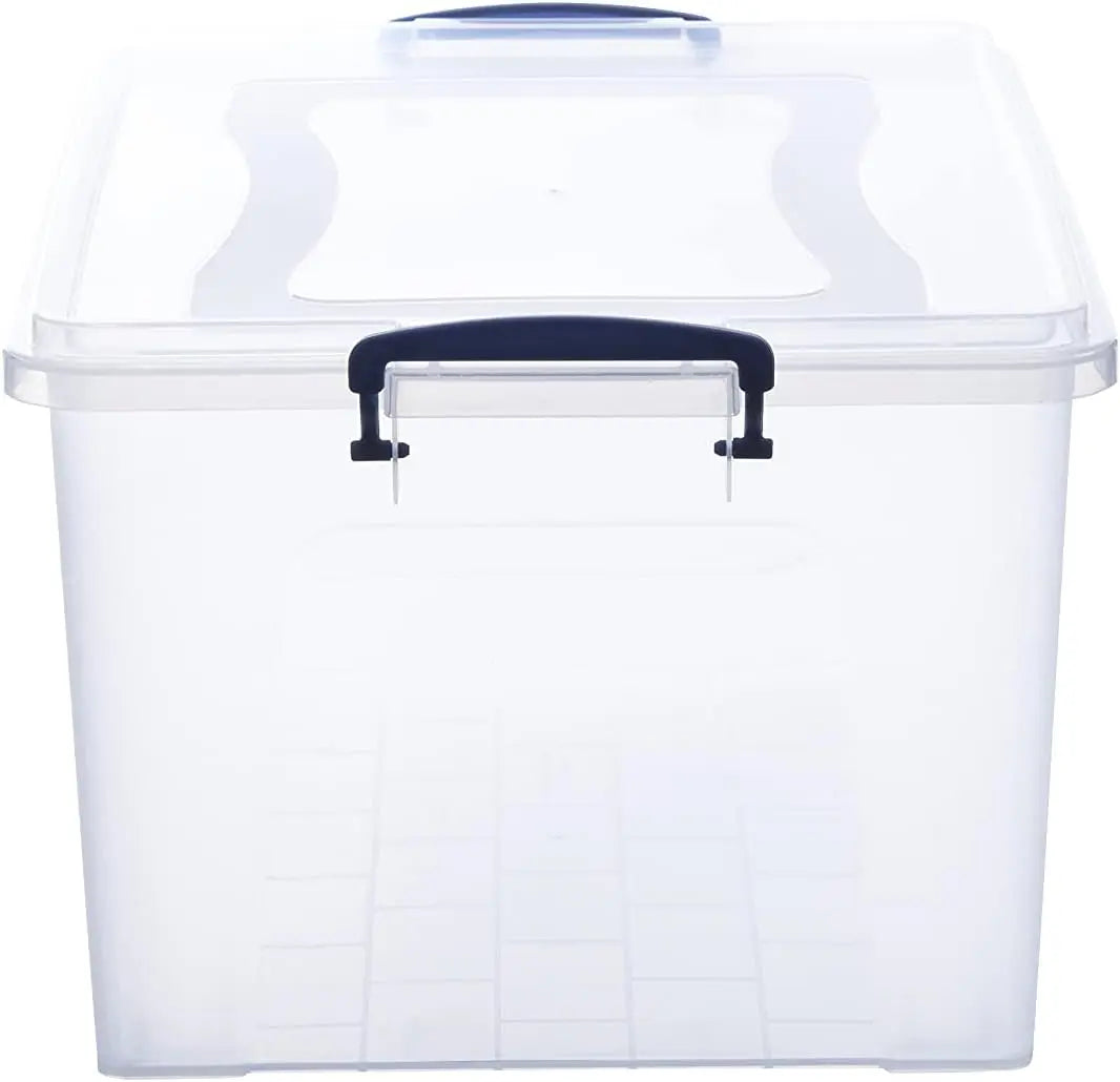 Clear storage box with a black handle on a white background