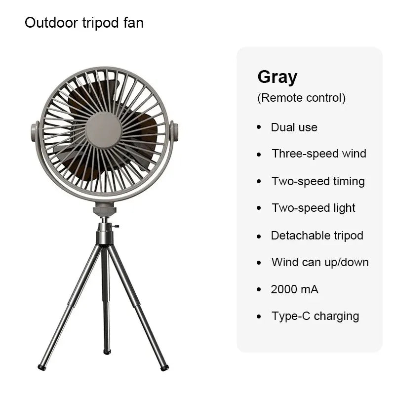 Tripod Stand Desk Air Cooling Blower Rotation Camping Ceiling Fan With Night Light Outdoor USB Chargeable Conditioning Cooler Peaceful Pleasures Health and Wellness Gray
