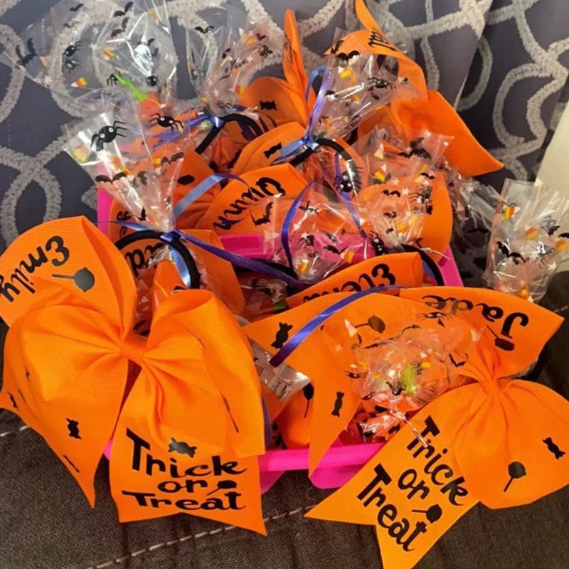 Personalized Halloween Hair Bow | Custom Name Orange Hairtie Girls Halloween Hair Bow Peaceful Pleasures Health and Wellness