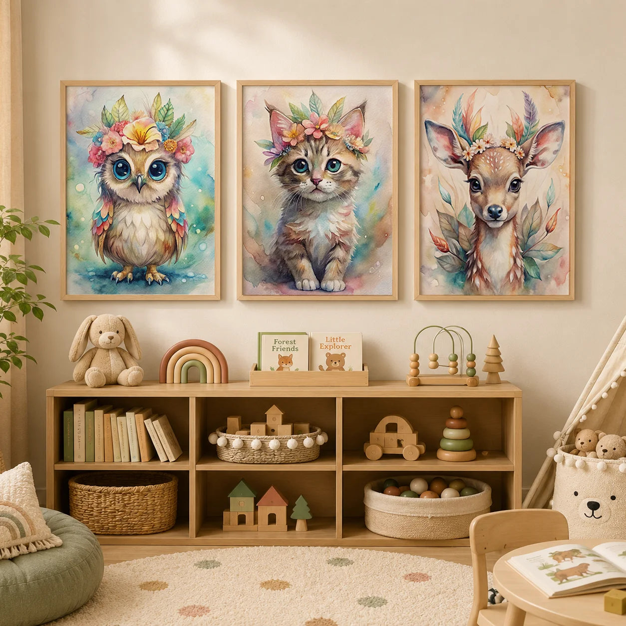 Woodland Animal Floral Wreath Canvas Print | Nursery Wall Art Canvas Wall Art Print Peaceful Pleasures Health and Wellness