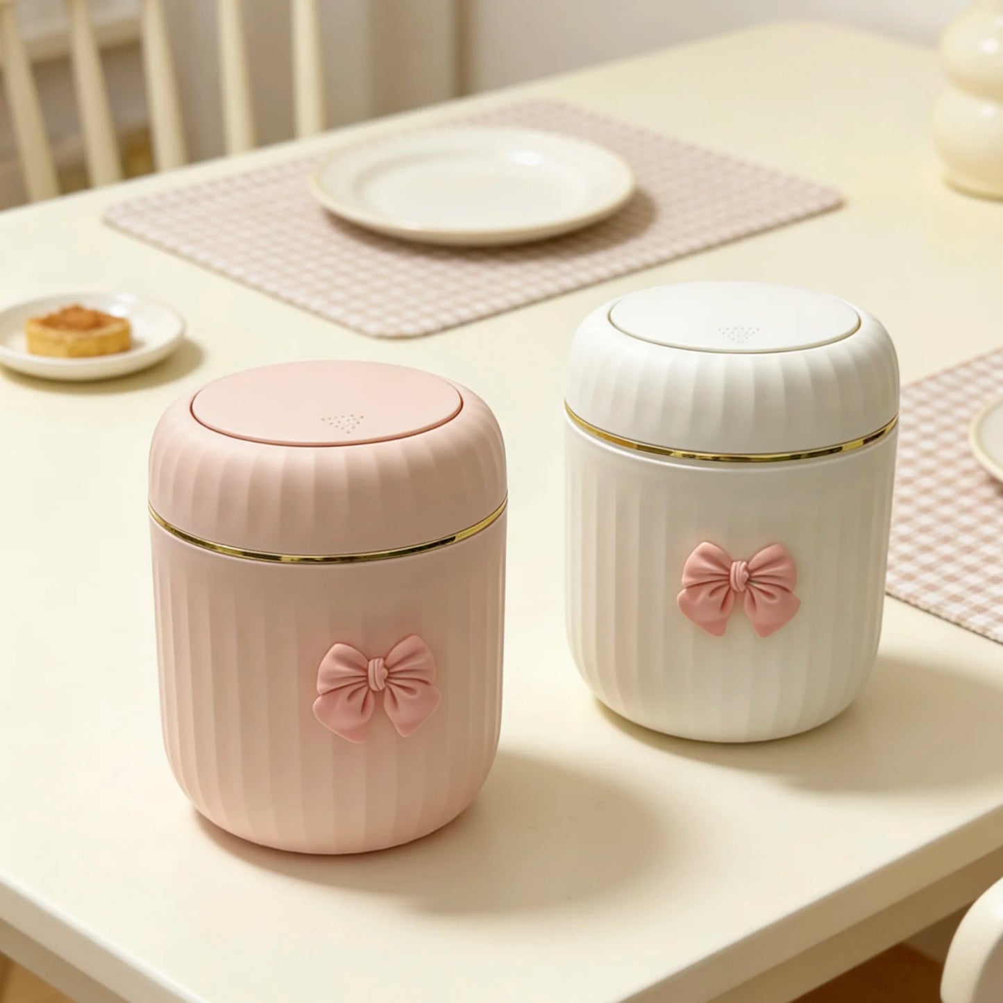 Mini Desktop Trash Can with Lid & Bow Decor | Press-Open Bin