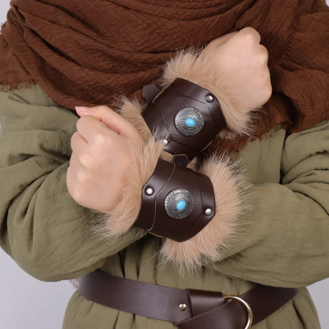 Medieval Knight Bracers Faux Leather Wristwear Furry Trim Retro