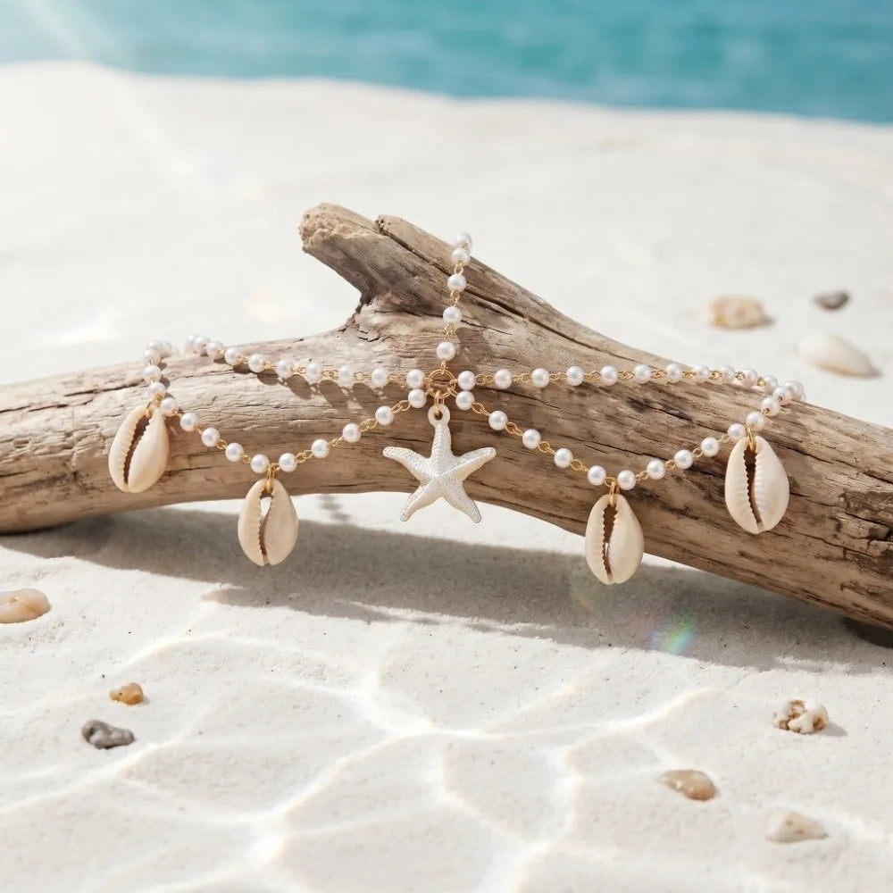 Boho Starfish Pearl Head Chain | Beach Festival Hair Jewelry Boho Head Chain Peaceful Pleasures Health and Wellness