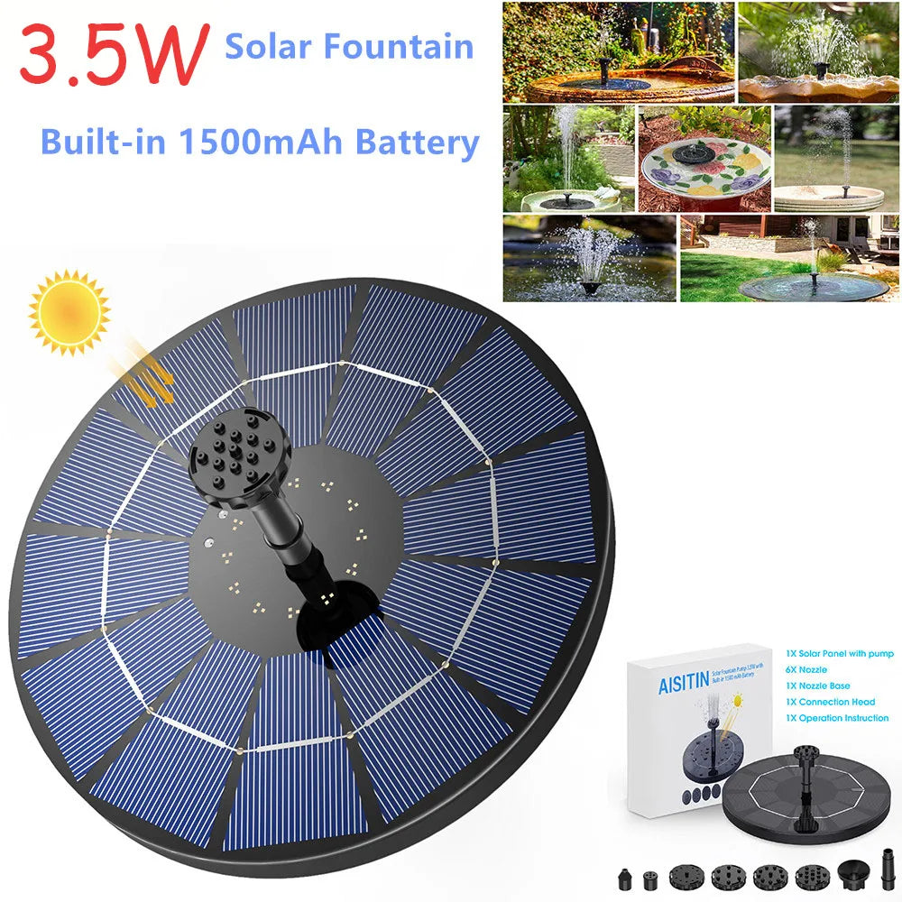 3.5W Solar Fountain Pump with 1500mAh Battery & 6 Nozzles