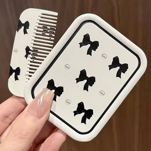 Bowknot Flip-Top Folding Makeup Mirror Portable Pocket Mirror Women Rectangle Cosmetic Make Up Mirror With Comb Peaceful Pleasures Health and Wellness onesize