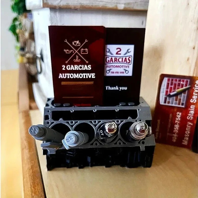 Creative Engine Block Desk Organizer Business Card Pen Holder Perfect Gift for Car Enthusiasts Resin Construction Peaceful Pleasures Health and Wellness