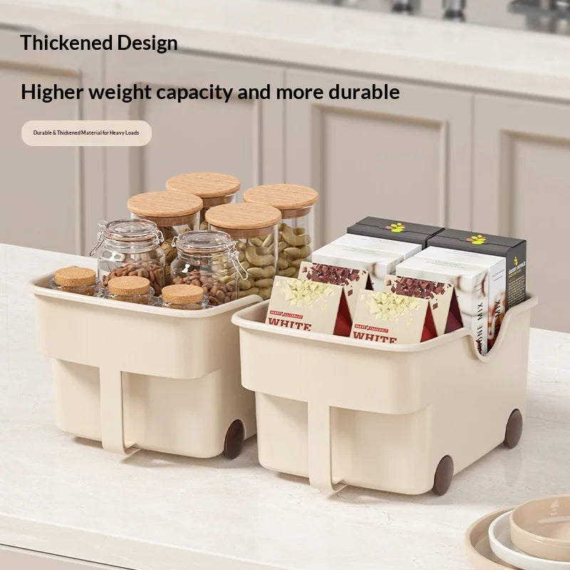 Easy Slide PP Storage Box with Handle and Wheels Rolling Organizer for Kitchen Overhead Cabinet Toys Seasoning Cupboard Peaceful Pleasures Health and Wellness