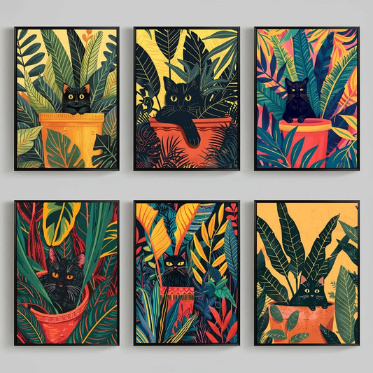 Abstract Wall Art Cute Black Cat in a Plant Pot Vintage Canvas Painting Modern Style Poster Prints Living Room Wall Decor Peaceful Pleasures Health and Wellness