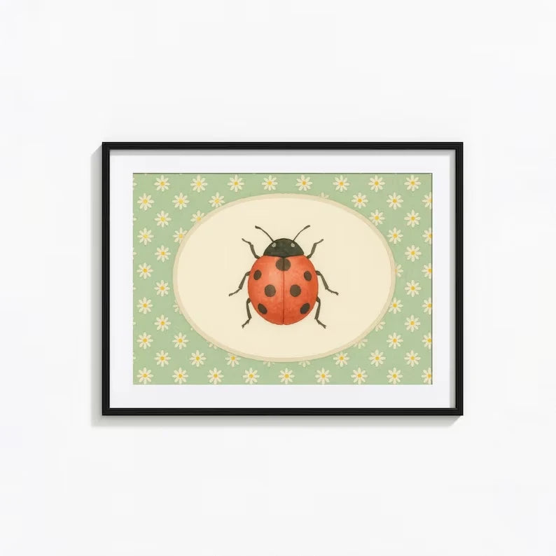 Ladybug & Daisies Whimsical Canvas Wall Art Print | Home Decor