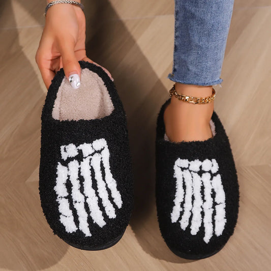 Women's Halloween Skull Plush Indoor Slippers – Warm Non-Slip