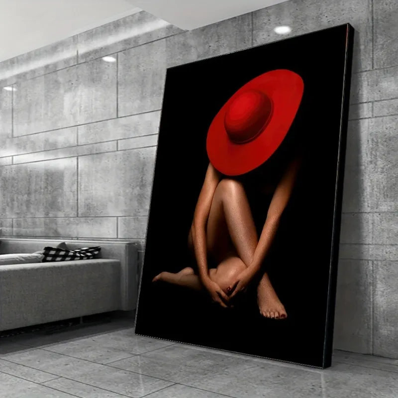 1pc Modern Abstract Red Hat Frameless Wall Art Canvas Print, Contemporary Female Form Poster for Living Room and Bedroom Decor Peaceful Pleasures Health and Wellness