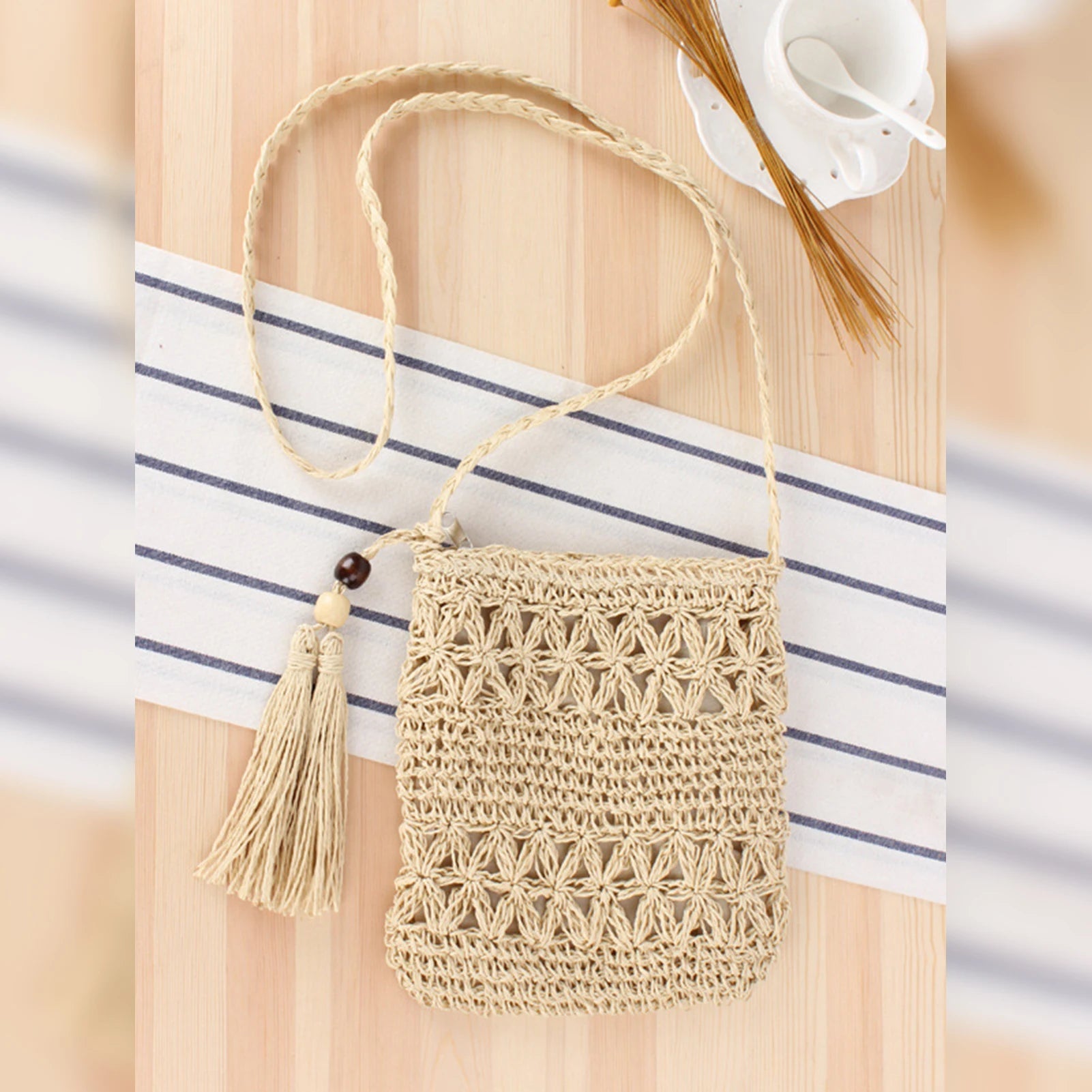 Women's Woven Straw Messenger Bags Summer Casual Tassel Summer Beach Straw Bag Ideal Gift for Daughters Mom Lover Peaceful Pleasures Health and Wellness Beige