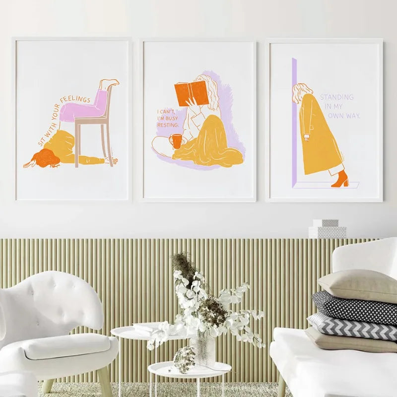 Modern Minimalist Line Girl Illustration Poster Girly Busy Resting Reading Book Canvas Painting Wall Art Living Room Home Dec Peaceful Pleasures Health and Wellness
