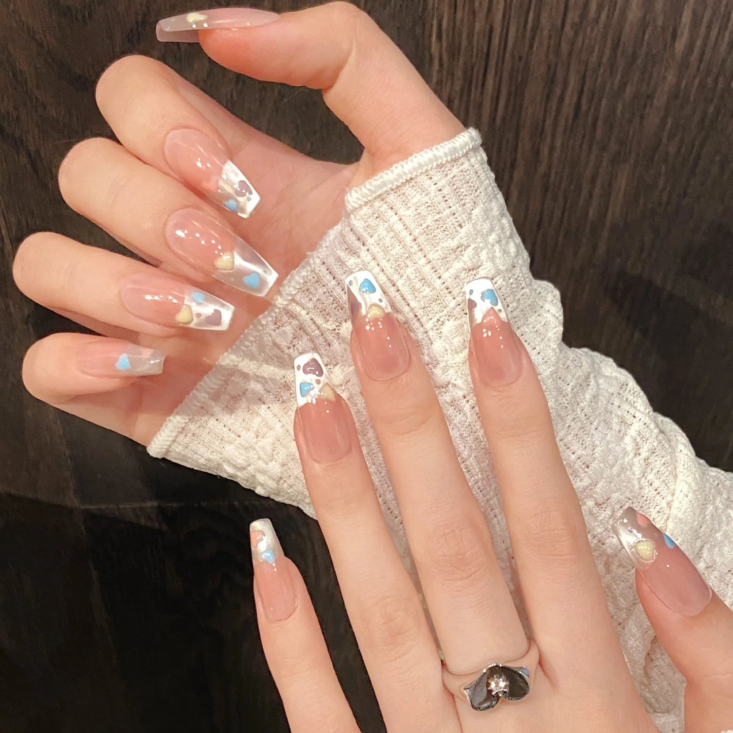French Cat Eye Press On Nails – Heart Print Korean Style 10pcs